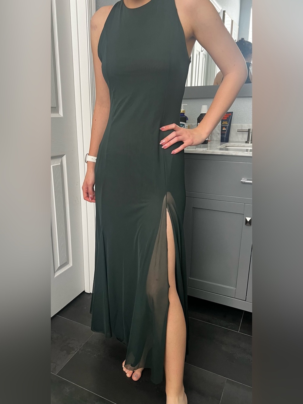 Zara Long Tulle Godet Sleeveless Maxi Dress with Side Slit, Dark Green, Size L - Picture 11 of 13